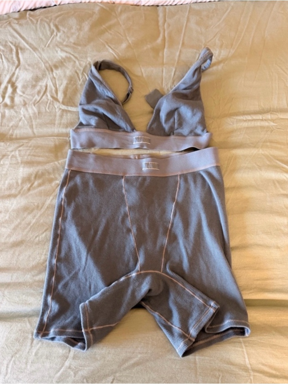 SKIMS Light Gray Ribbed Bralette & High-Waist Shorts Set
